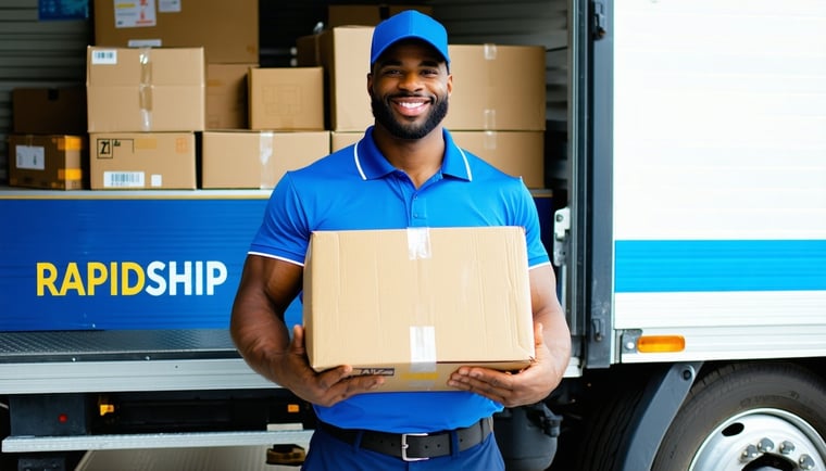 Courier delivering a package with RAPIDSHIP branding Courier delivering a package with RAPIDSHIP branding